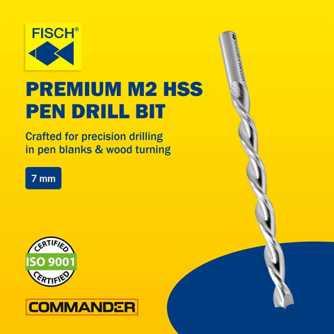 Heavy Duty HSS Pen Mill Drill Bit Designed To Run Slick For Dead On Accuracy When Chopping Through Hardwood Blanks For Custom Laser Pen Crafts At Exactly 7Mm Width on a yellow background.