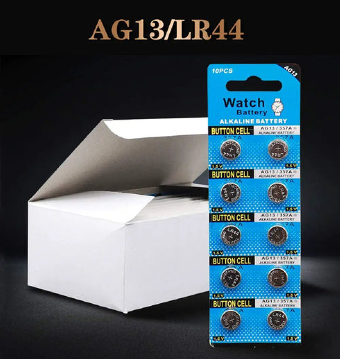 Pack Of Ten LR44 AG13 Button Cell Batteries 1.5V Coin Cells Replacement For Watches Calculators Toys And Remotes in packaging