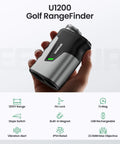 Person holding U1200 Golf Range Finder with Slope 1200 Yards Laser Distance Meter, featuring ergonomic design and vibration alert