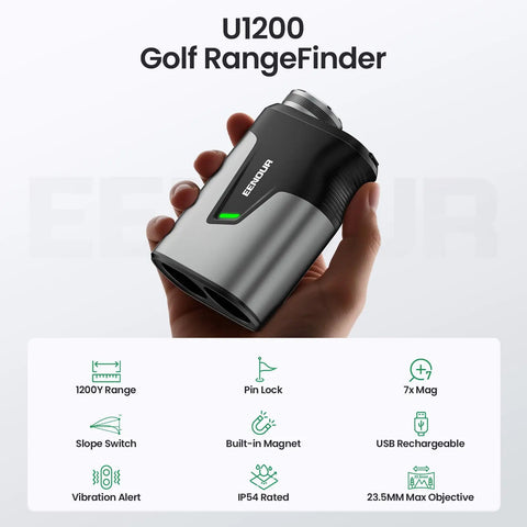 Person holding U1200 Golf Range Finder with Slope 1200 Yards Laser Distance Meter, featuring ergonomic design and vibration alert