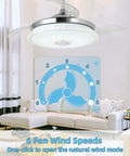 Retractable 42 Inch Ceiling Fan With Light And Bluetooth Speaker showcasing 6 fan wind speeds in a living room setting