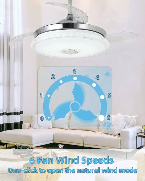 Retractable 42 Inch Ceiling Fan With Light And Bluetooth Speaker showcasing 6 fan wind speeds in a living room setting