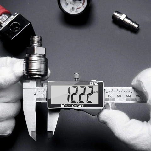 Digital Caliper With Large LCD Screen For DIYers And Pros measuring a metal part, Pro Grade Stainless Steel Measuring Tool