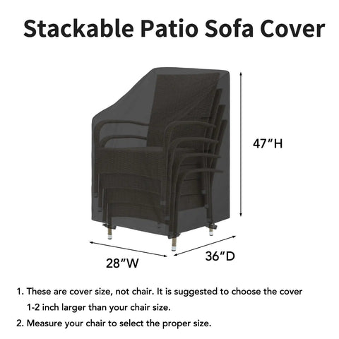 Heavy Duty Stackable Patio Chair Cover UV Resistant Waterproof Outdoor Furniture Protector Fits 4 To 6 Stackable Dining Chairs 28W X 36D X 47H Black Built To Last All Weather Shield For Long Lasting Use covering stacked chairs.