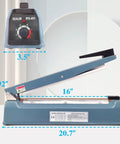 16 Inch Impulse Heat Sealer for Plastic Mylar Bags with 3mm Seal Width, visible meter, durable metal shell, side view.