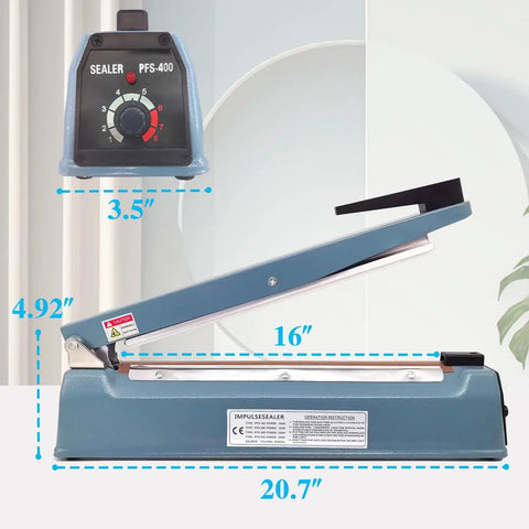 16 Inch Impulse Heat Sealer for Plastic Mylar Bags with 3mm Seal Width, visible meter, durable metal shell, side view.