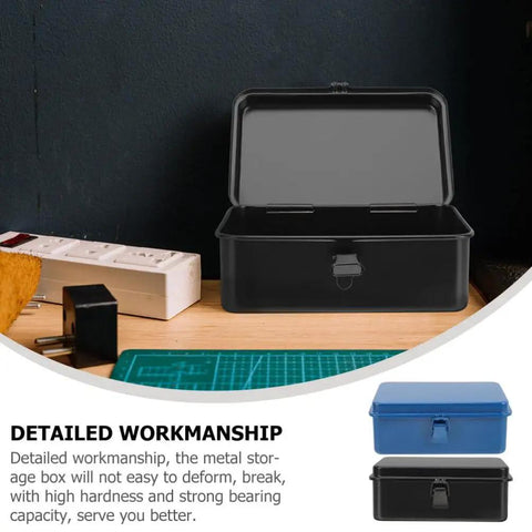 Two Pack Metal Tool Box Storage Case Organizer With Secure Latch Portable Lockable Toolbox Set Open on Workbench