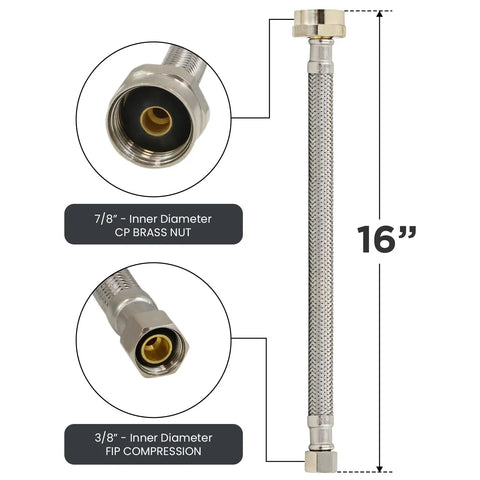 16 Inch Flexible Toilet Water Supply Line With Braided Stainless Steel Hose Connector, close-up of brass nut and compression fitting.