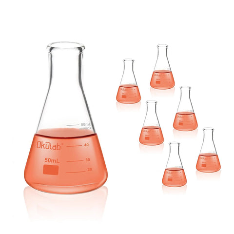 Six-pack set of Sturdy Borosilicate 3 3 Glass Conical Flask Set With Printed Graduation 50 Milliliters Each Great For Lab Experiments