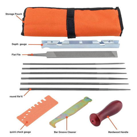 Hipa 12-pack chainsaw sharpening kit with orange pouch 6 round files, 6-inch flat file, depth gauge, quick-check gauge.