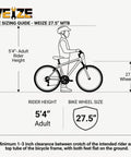 Sizing guide for 27.5 Inch Mountain Bike For Adults With Dual Suspension And 18 Speeds, Trail-Ready All Terrain MTB, rider height 5'4".