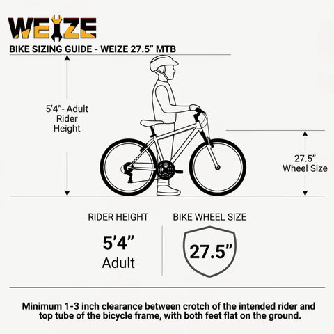 Sizing guide for 27.5 Inch Mountain Bike For Adults With Dual Suspension And 18 Speeds, Trail-Ready All Terrain MTB, rider height 5'4".