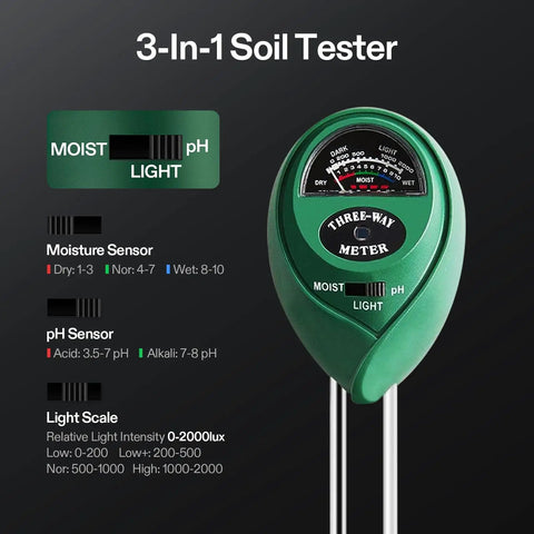 All-In-One Digital pH Meter With TDS EC Temperature, Soil Moisture And Light Tester for home garden and hydroponics, green device close-up