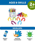 Easy-Grip Tweezers for Kids, Colorful Sensory Bin Tools for fine motor skill building, displayed with educational benefits for ages 2+