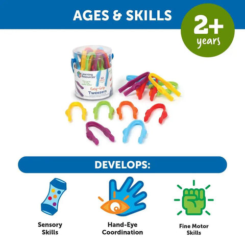 Easy-Grip Tweezers for Kids, Colorful Sensory Bin Tools for fine motor skill building, displayed with educational benefits for ages 2+