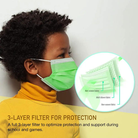Child wearing green kids face mask from Kids Face Masks Pack Of 50 Three Ply Disposable with colorful designs, snug nose wire.