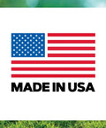 American flag with text 'Made in USA' over a grass field, indicating product origin.