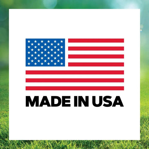 American flag with text 'Made in USA' over a grass field, indicating product origin.