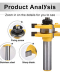 Close-up of Solid Two Piece Tongue And Groove Router Bit Set With Half Inch Shank showing fixing screw, stainless steel shaft, and sharp blade.