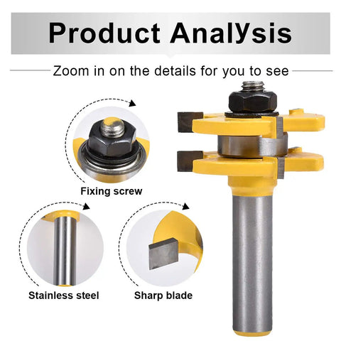 Close-up of Solid Two Piece Tongue And Groove Router Bit Set With Half Inch Shank showing fixing screw, stainless steel shaft, and sharp blade.