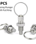 Heavy Duty Stainless Steel Spring Plungers With Pull Ring 5 Pack M6x1 showing 3 retractable indexing pins with pull rings.