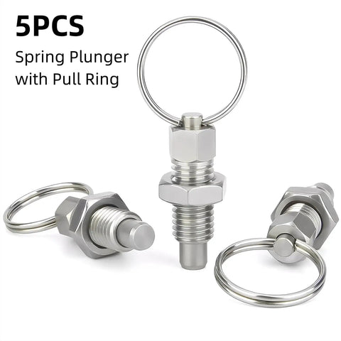 Heavy Duty Stainless Steel Spring Plungers With Pull Ring 5 Pack M6x1 showing 3 retractable indexing pins with pull rings.