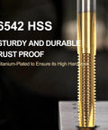 Pro Grade M6 X 1 Spiral Point Thread Tap And 5.0 mm Twist Drill Bit Set High Speed Steel 6542 close-up titanium plating