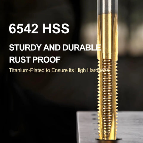 Pro Grade M6 X 1 Spiral Point Thread Tap And 5.0 mm Twist Drill Bit Set High Speed Steel 6542 close-up titanium plating