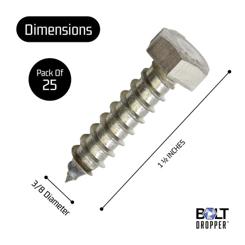 Bolt Dropper lag bolts, stainless steel 3/8 in x 1-1/2 in hex head, 25-pack