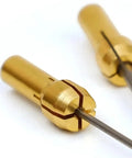 Close-up of brass mini drill chuck adapters for rotary tools, 0.5-3.2mm size, featuring a secure 4-jaw clamping structure.