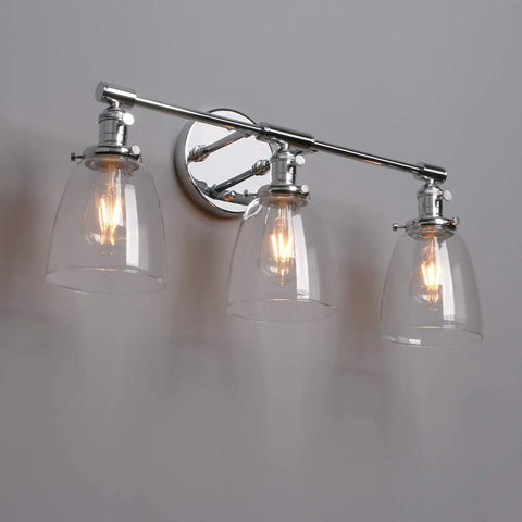 Three Light Industrial Wall Sconce With On Off Switch And Clear Glass Shade For A Cool Retro Vibe Vintage Antique Brass Vanity Lighting