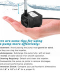 Ultra Quiet 90 GPH Submersible Pump shown on hand with water flow, tips for using pump effectively, suitable for small fountains and aquariums