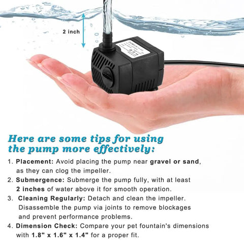 Ultra Quiet 90 GPH Submersible Pump shown on hand with water flow, tips for using pump effectively, suitable for small fountains and aquariums
