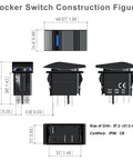 3 Pin Boat Rocker Switch SPST On Off Waterproof IP68 For Marine Use 12V 24V Dual Voltage With Blue LED Indicator, Easy Wiring, Heavy Duty Marine Grade Panel Mount, Ready To Wire For Boats Yachts Pontoon. technical diagram with dimensions and pin layout