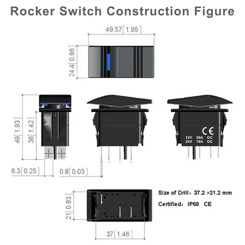 3 Pin Boat Rocker Switch SPST On Off Waterproof IP68 For Marine Use 12V 24V Dual Voltage With Blue LED Indicator, Easy Wiring, Heavy Duty Marine Grade Panel Mount, Ready To Wire For Boats Yachts Pontoon. technical diagram with dimensions and pin layout
