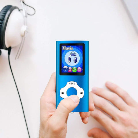 Portable MP3 MP4 Player With 1.8 Inch LCD Screen And 64GB TF Card Slot Dark Blue in hand, person using MP3 player