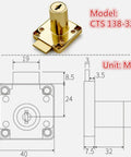 Gold Drawer Lock And Door Puncher Set For Desks Cabinets And Jewelry Boxes With 0.75 Inch Door Opener Hole Fits 27 To 32 mm Door Panels Model CT-138-32 1 Set with technical dimensions and diagram.