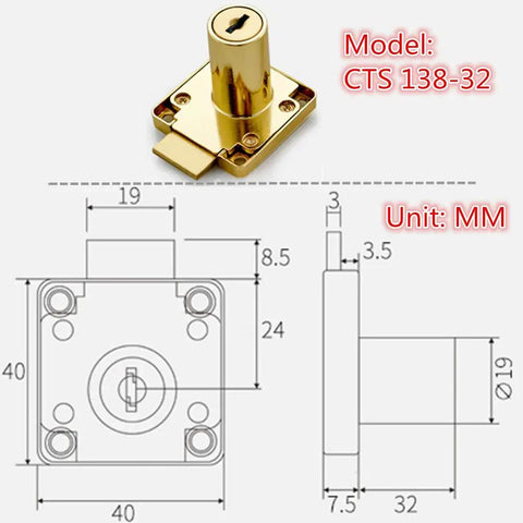 Gold Drawer Lock And Door Puncher Set For Desks Cabinets And Jewelry Boxes With 0.75 Inch Door Opener Hole Fits 27 To 32 mm Door Panels Model CT-138-32 1 Set with technical dimensions and diagram.