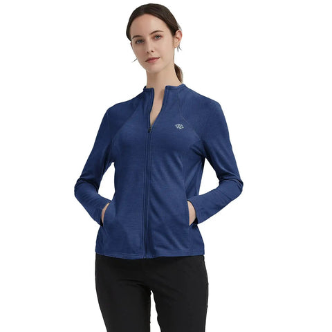 Womens Full Zip Outdoor Shirt With Long Sleeves UPF 50 Plus Sun Protection Quick Dry Fabric Lightweight Fishing Jacket Blue Size Large