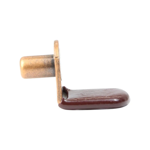 25 Pack Hella Sturdy L Shaped Cabinet Shelf Pins And Glass Support Brackets For Closet Storage Featuring Super Slick Vinyl Tipped Ends In A Sweet Antique Copper Finish; Close-up view of a single antique copper bracket.
