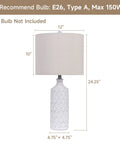 White Ceramic Table Lamps Set Of 2 For Living Room And Bedroom, Farmhouse Nightstand Lamps with 24.25 Inch Wave Relief Base