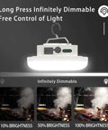 Hanging Camping Tent Light LED Rechargeable Portable Lantern showing dimming feature and brightness levels for glamping use