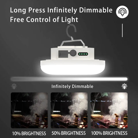 Hanging Camping Tent Light LED Rechargeable Portable Lantern showing dimming feature and brightness levels for glamping use