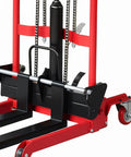 No Sweat Manual Hydraulic Pallet Jack Foldable Fork Truck with red steel frame and smooth swivel wheels for easy lifting.
