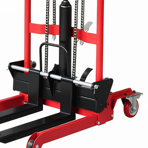 No Sweat Manual Hydraulic Pallet Jack Foldable Fork Truck with red steel frame and smooth swivel wheels for easy lifting.
