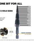 M2 HSS Quick Change Step Drill Bits Set with 13 marked sizes from 1/8 to 1/2 inch, featuring double fluted design and quick-change shank.