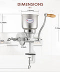 Side view of Cast Iron Hand Crank Grain Mill With Large Hopper And Table Clamp For Home Brewing And Manual Grinding Of Corn Barley Wheat Berries Coffee Beans Dried Beans Seeds Pepper Chickpeas And More with dimensions