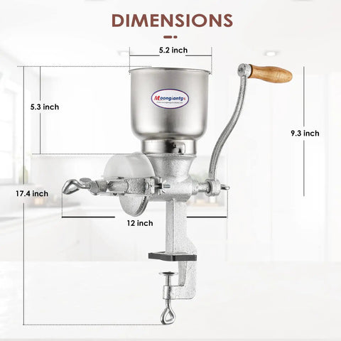 Side view of Cast Iron Hand Crank Grain Mill With Large Hopper And Table Clamp For Home Brewing And Manual Grinding Of Corn Barley Wheat Berries Coffee Beans Dried Beans Seeds Pepper Chickpeas And More with dimensions