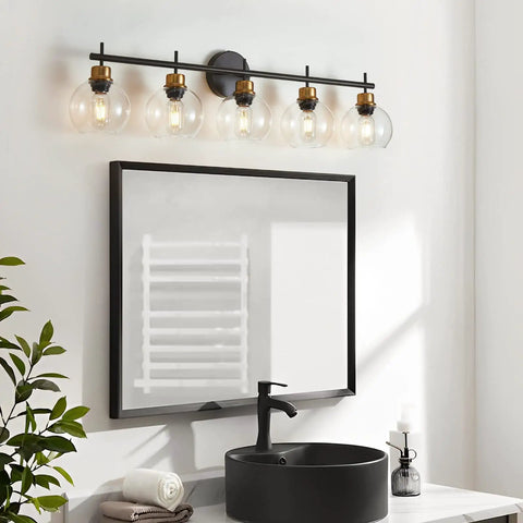 Black Gold Vanity Light Fixtures With Glass Shade 5 Light Wall Sconces Over Mirror Modern Glam Bathroom Lighting Matte Black Gold Finish