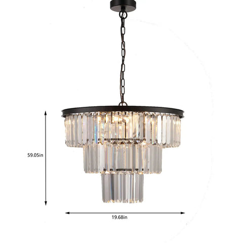 Black Crystal Chandelier 3 Tier Pendant Light Modern Round Ceiling Lamp With Six Lights Hanging Fixture, 59.05in x 19.68in